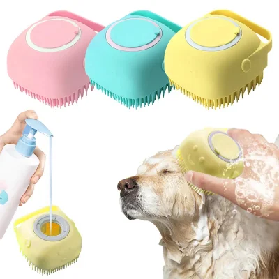 Escova de banho para cães e gatos, pente de silicone macio e de segurança com caixa de shampoo, acessórios para animais de estimação, ferramenta de banho para gatos